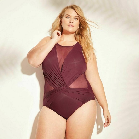 Aqua Green Other - Aqua Green Burgundy Mesh Inset One Piece Swimsuit